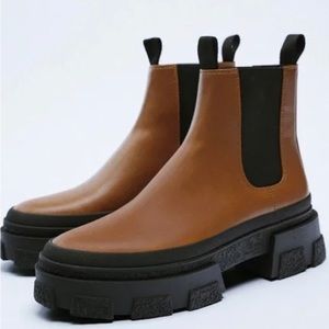 Zara Tan and Black Chunky Ankle Boots